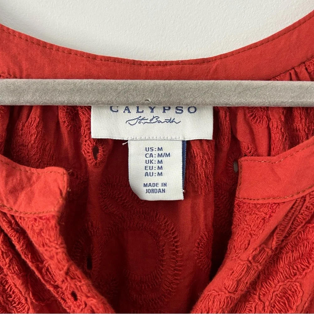 Calypso St. Barth Burnt Orange Eyelet Puffed Sleeve Button Down Cotton Blouse M - Picture 4 of 8
